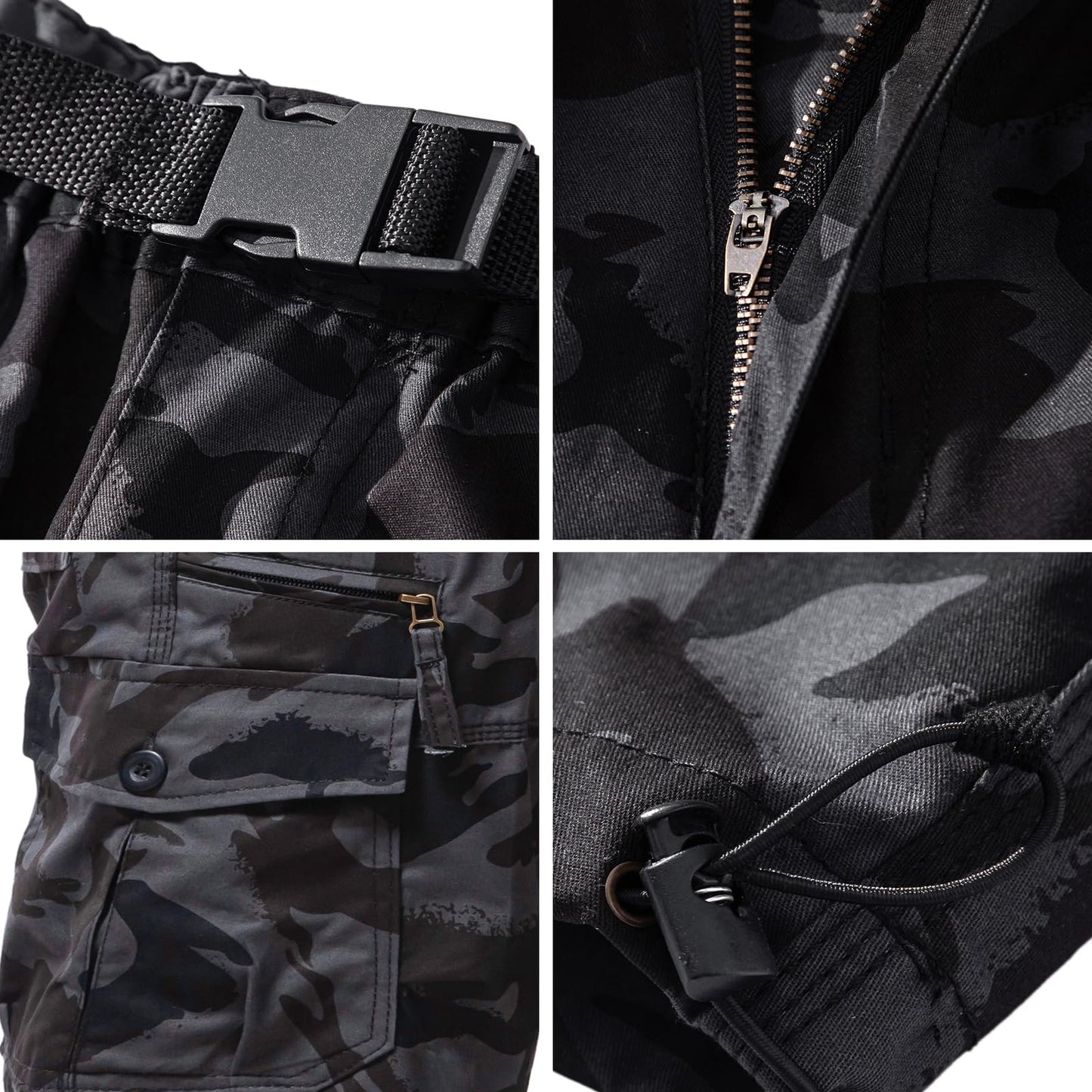 Mylldey Men's Cargo Shorts 3/4 Relaxed Fit Mens Running Shorts 7 Pockets Elastic Waist Cotton Hiking Shorts (Black Camo, L)