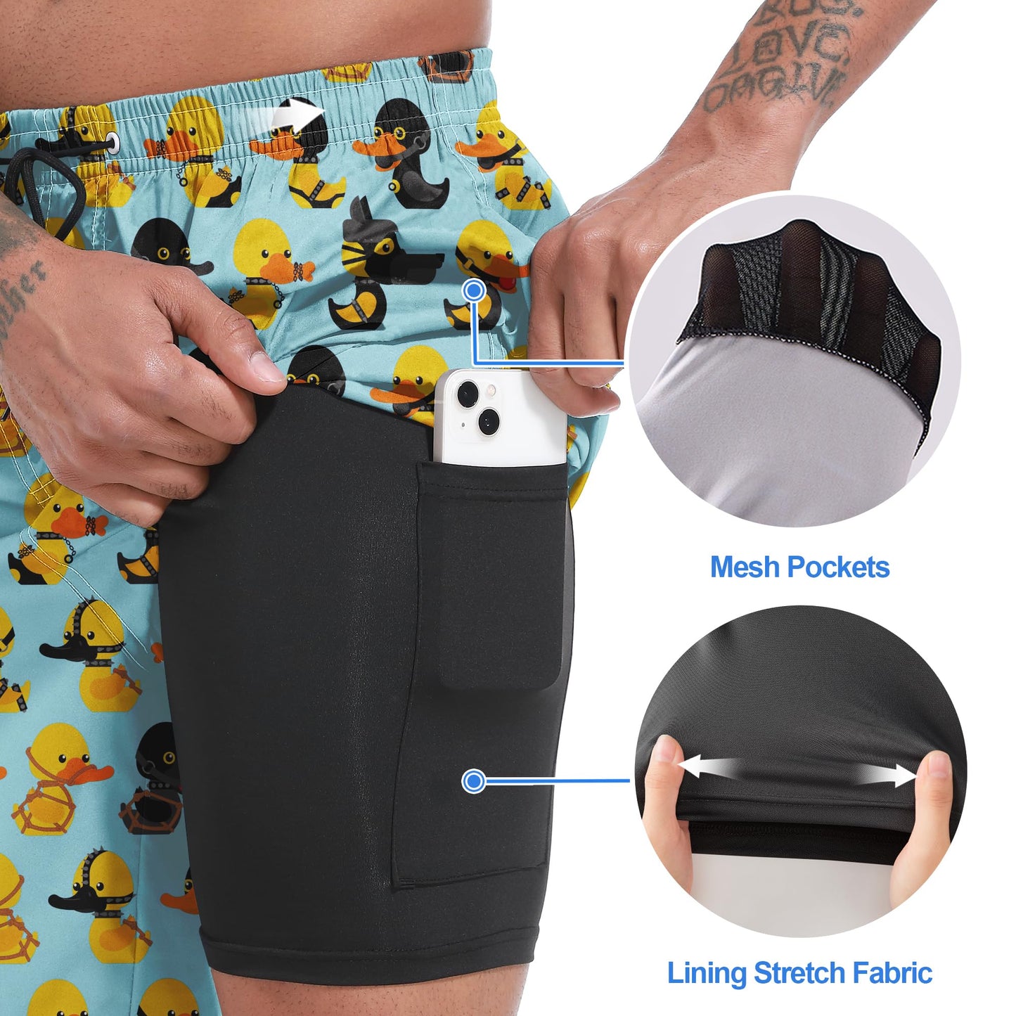 Mens Swim Trunks with Compression Liner, Pirate Duck Men Bathing Suit Swimming Trunks 9 inch Inseam Board Shorts Men's Swimwear, 4 Way Stretch Beach Shorts Quick Dry Swimsuits, L