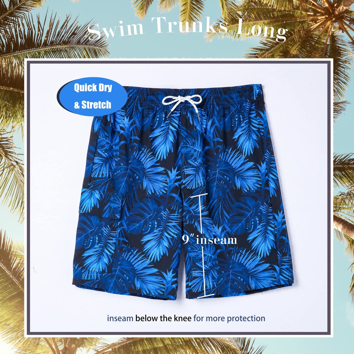 BRISIRA Mens Swim Trunks Bathing Suit 9 Inch Inseam Compression Liner Beach Long Board Shorts Swimsuit Anti-Chafe Quick Dry