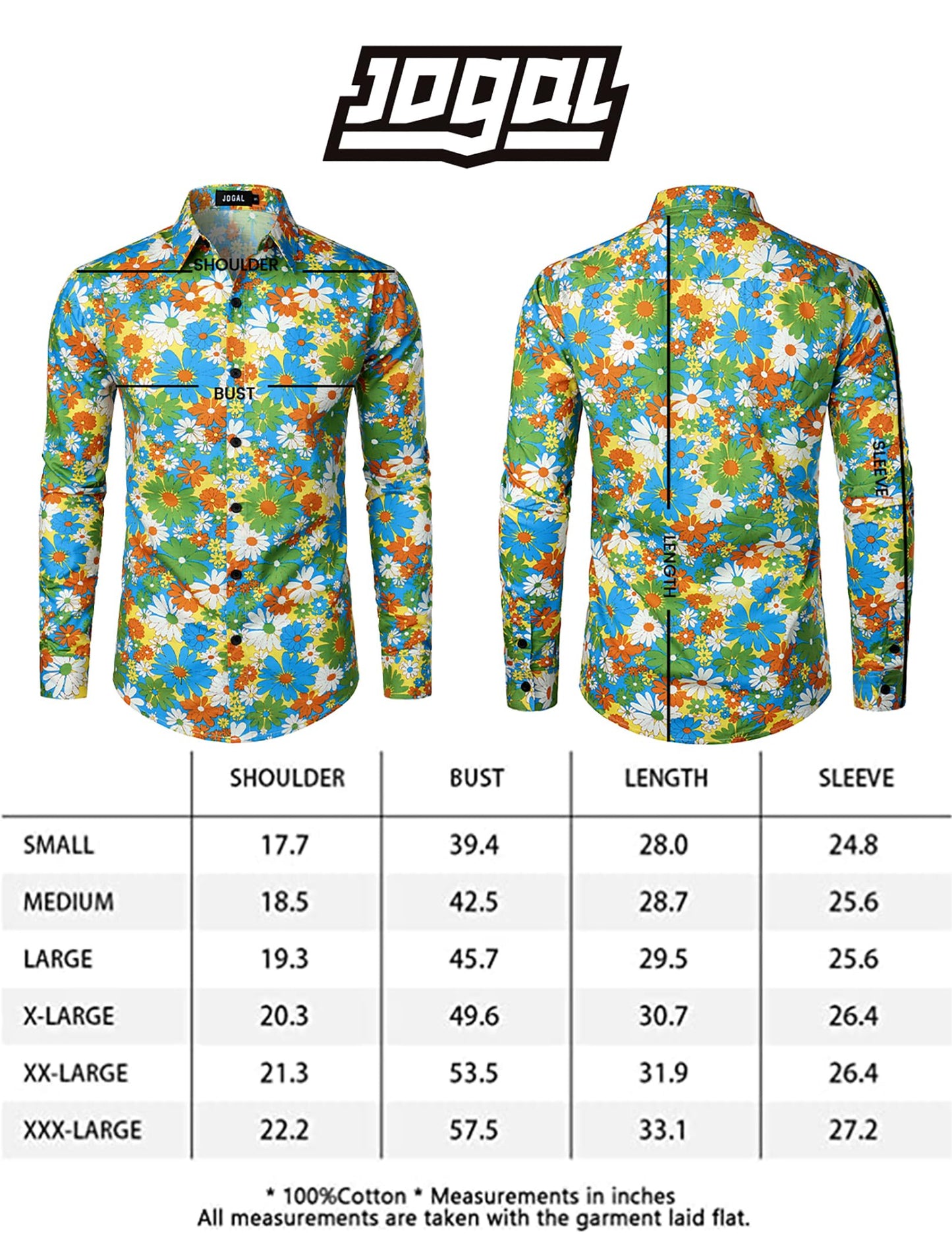 JOGAL Mens 70s Floral Dress Shirt Long Sleeve Printed Casual Button Down Shirts Black Multicolor Large