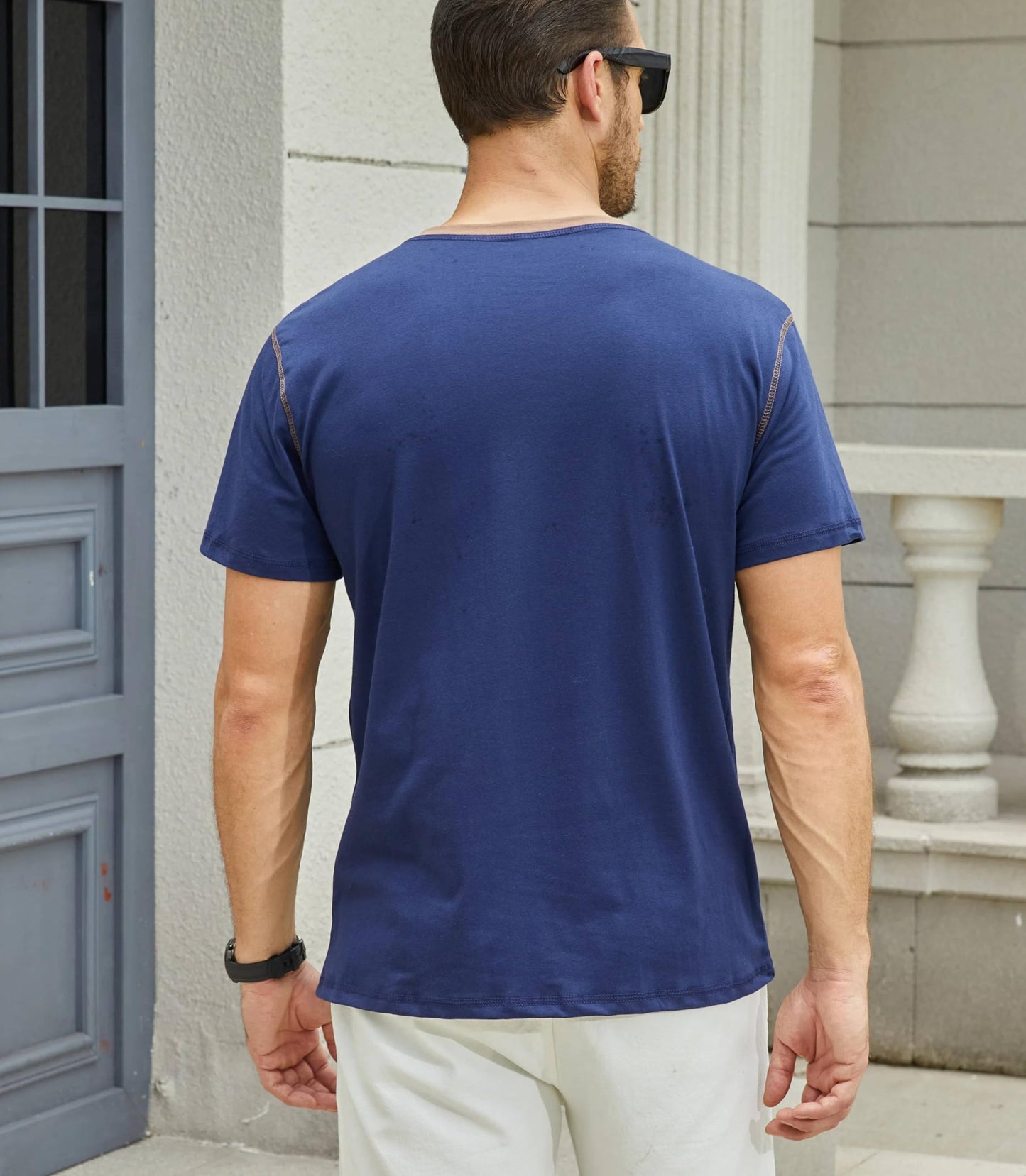 Men's Casual Henley Shirts Classic Button Cotton Short Sleeve T-Shirt Summer Basic Solid Lightweight Tees Tops Navy