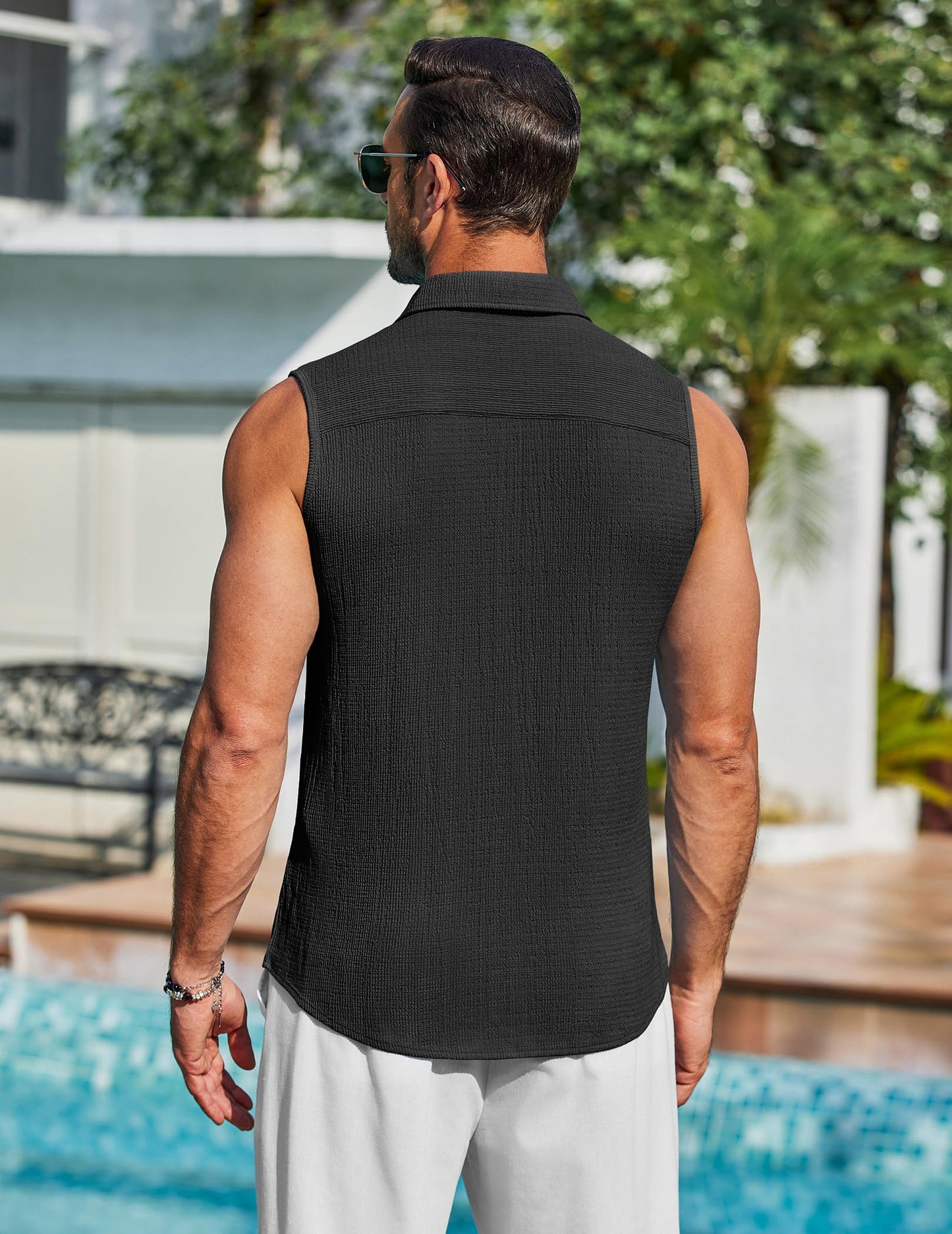 COOFANDY Mens Beach Tank Top Black Knit Sleeveless Top Summer Button Up Shirts Soft Textured Tops Loose Fit Large