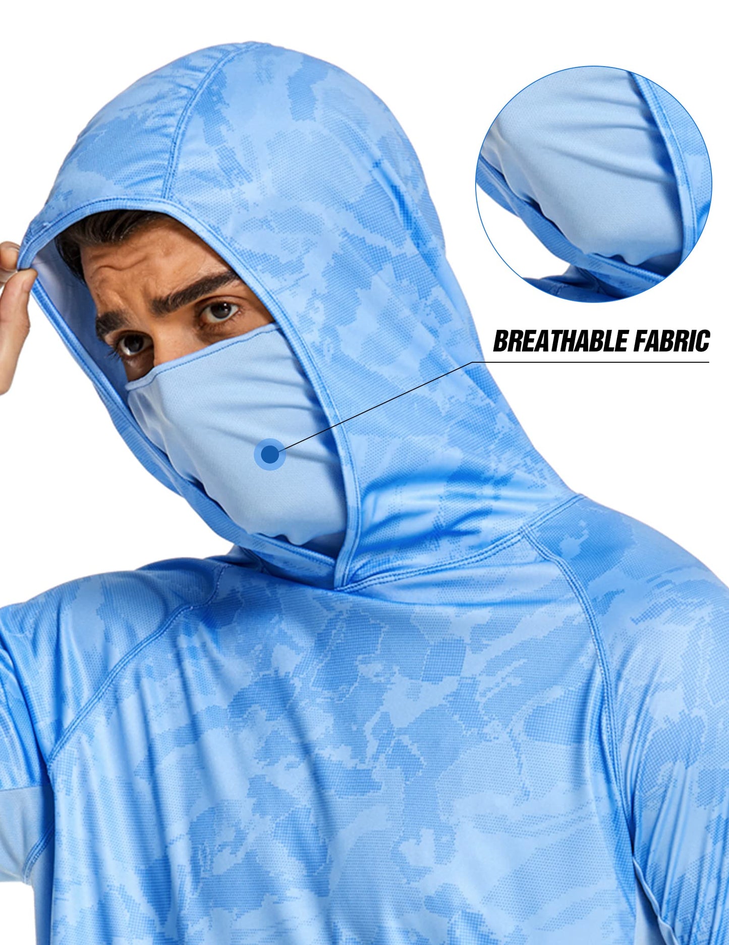 COOrun Men's Hooded Sun Shirts with Mask Fishing Shirts for Men Long Sleeve UPF 50 Rash Guards Cooling Hoodies Hiking Shirts Blue