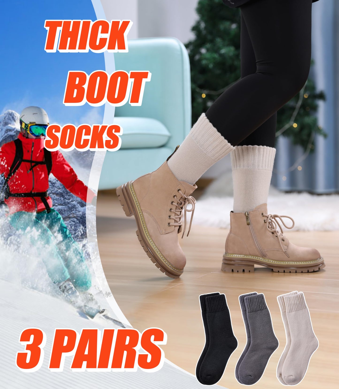 NOCIN COLOR 3 Pairs Thermal Boot Socks for Women Men Ski Thick Winter Warm Insulated Heated Socks for Extreme Cold Weather (Black/Dark Grey/khaki,Large)