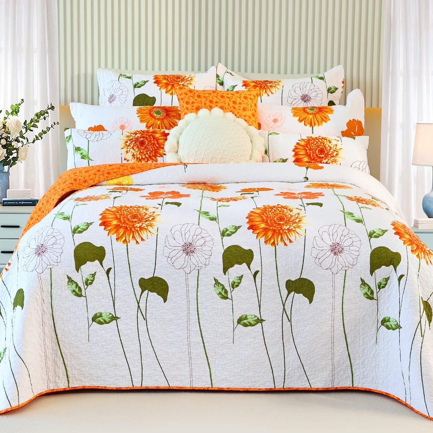 EVENHUG 100% Cotton Quilt King Size Orange Sunflower Bedding Set Floral Lightweight Quilt Reversible Coverlet Bedspread with 2 Pillow Shams All Seasons 3 Pieces (106”X96”)