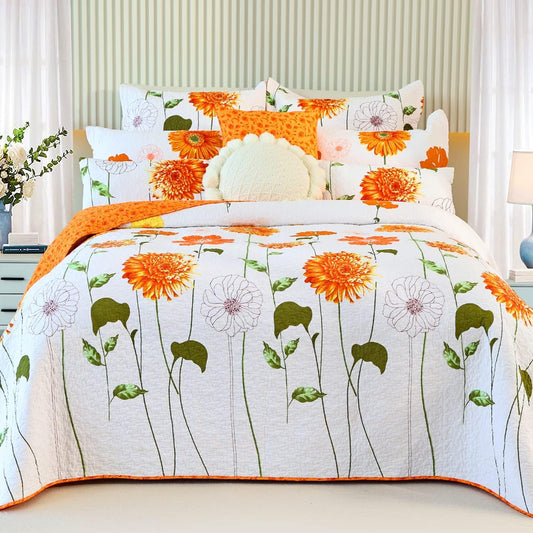 EVENHUG 100% Cotton Quilt King Size Orange Sunflower Bedding Set Floral Lightweight Quilt Reversible Coverlet Bedspread with 2 Pillow Shams All Seasons 3 Pieces (106”X96”)