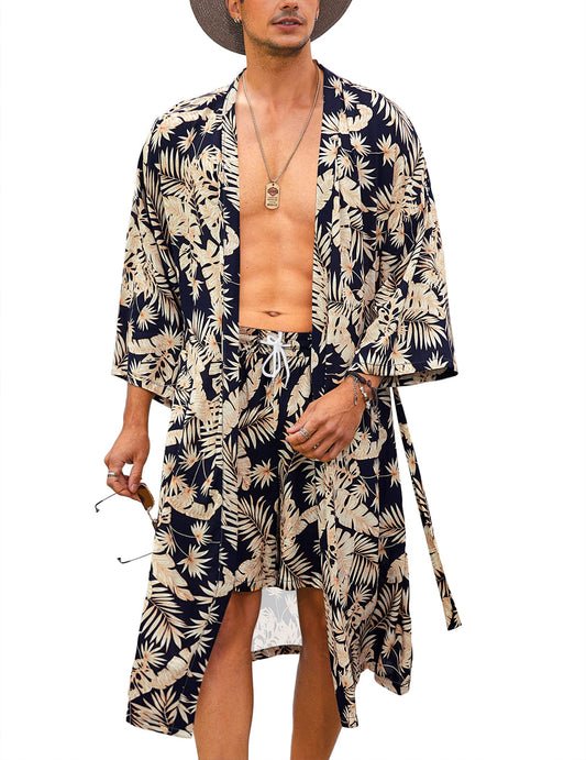 COOFANDY Swim Kimono Men Summer Robes Floral Kimono Robe Beach Shorts Set Japanese Robe Set Open Front Cardigan With Belt