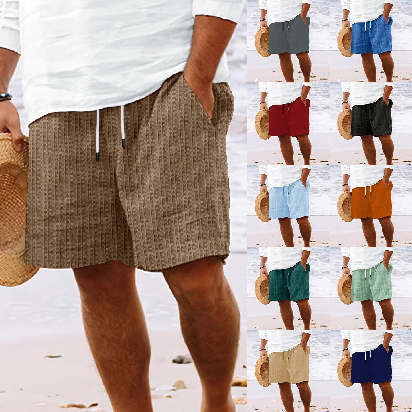 ROOMLINE Brown 2XL Mens Linen Shorts Flat Front Casual Elastic Waist Drawstring Summer Beach Vacation Shorts with Pocket(9Inch)