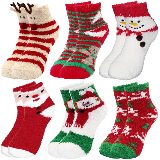 Fuzzy Christmas Socks for Women Adults Girls, 6 Pairs Cozy Warm Fluffy Christmas Holiday Socks Winter Thermal Slipper Socks Thick Plush Bed Socks Cute Coral Fleece Xmas Socks Indoor Christmas Gift