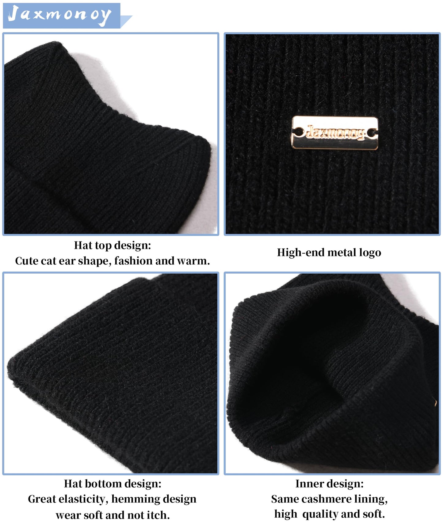 jaxmonoy Winter Cute cat Ear Wool Beanie Hats for Women and Men Soft Warm Cashmere Knit hat Ladies Skull Beanies Cap - Black