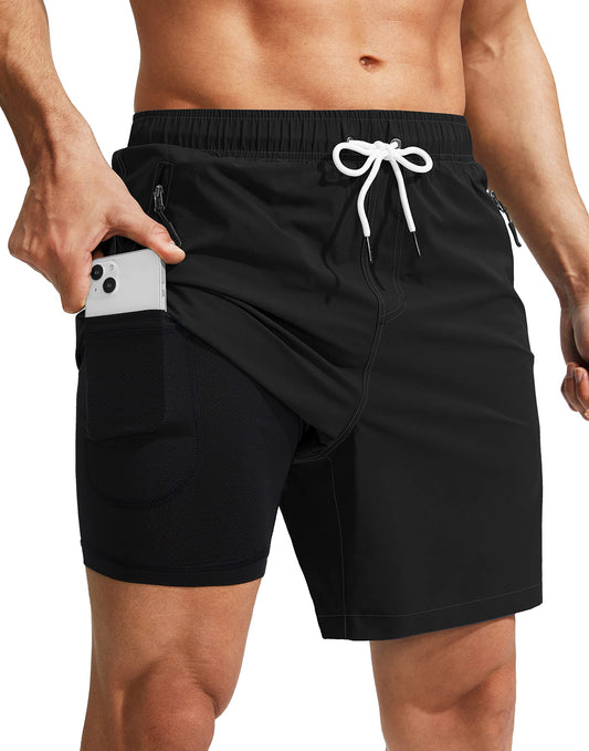 Viodia Men's Swim Trunks with Compression Liner Quick Dry Board Shorts Swimsuit Swimwear for Men with Zipper Pockets Black