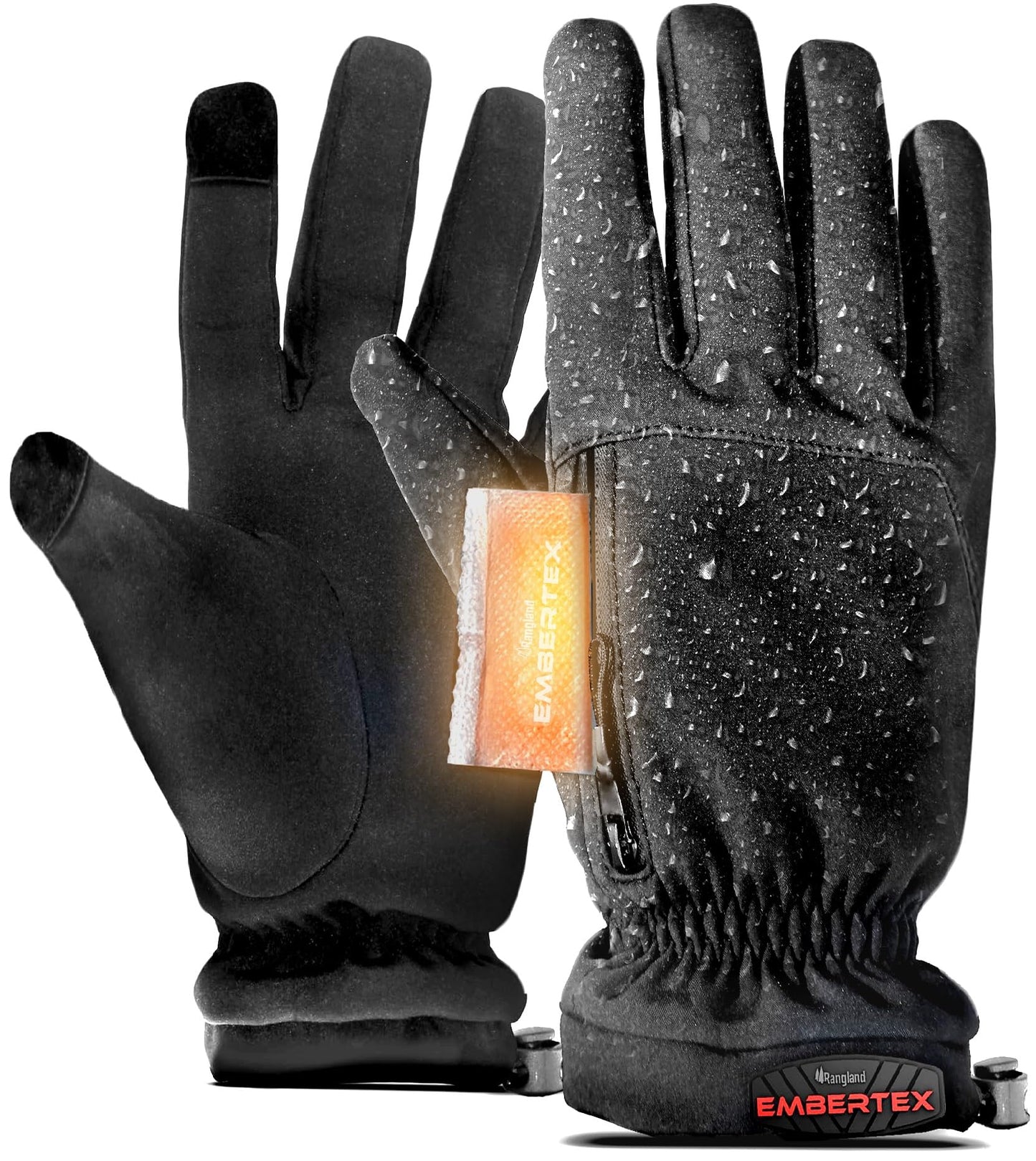 RANGLAND Heated Winter Gloves for Adults with Hand Warmer Compartment, Triple Layer Insulated (-20F) Warm Fleece Lining, Touchscreen Tips - Includes 6 EmberTex Active Hot Packets (8-Hour) Size Medium