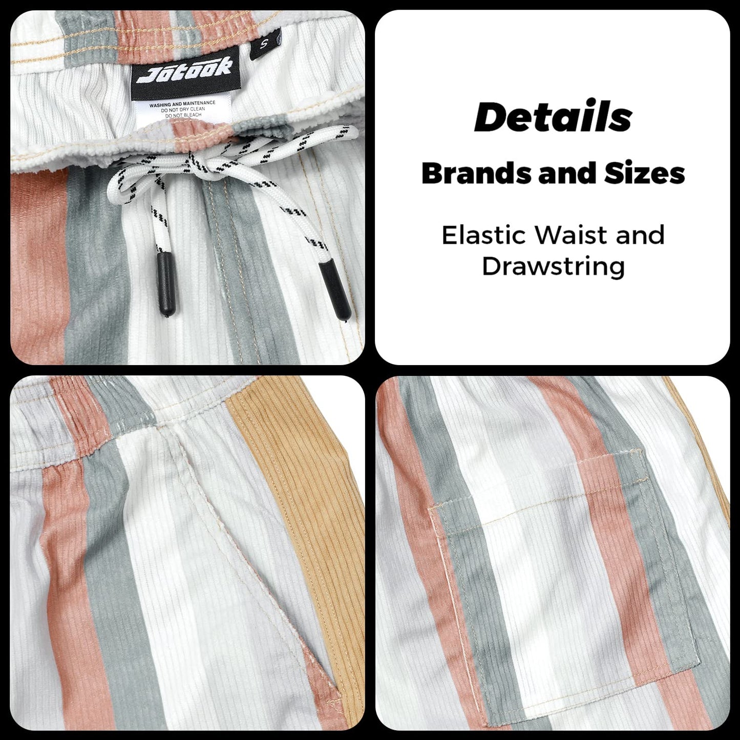 JOTOOK Men's Casual Drawstring Corduroy Shorts Elastic Waist Summer Shorts with Pocket Hawaiian Short Large Grey White Stripe