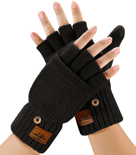 CHENMEI Winter Fingerless Gloves for Men Women - Mittens Finger Wool Gloves with Flip,Warm Half Finger Knitted Cold Weather