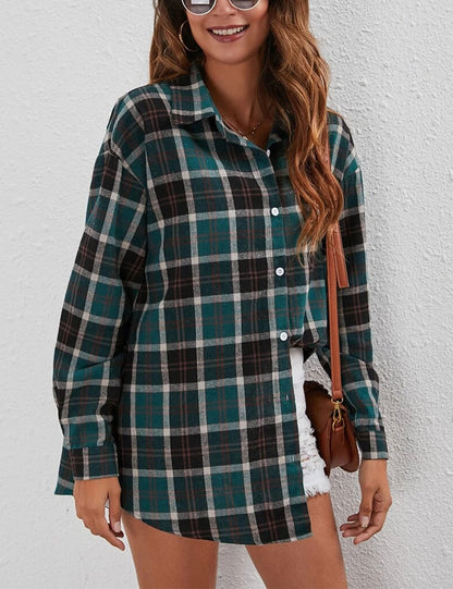 Bozanly Flannel Buffalo Plaid Shirts for Women Oversized Button Down Shacket Blouse Tops(0001-Green-M)