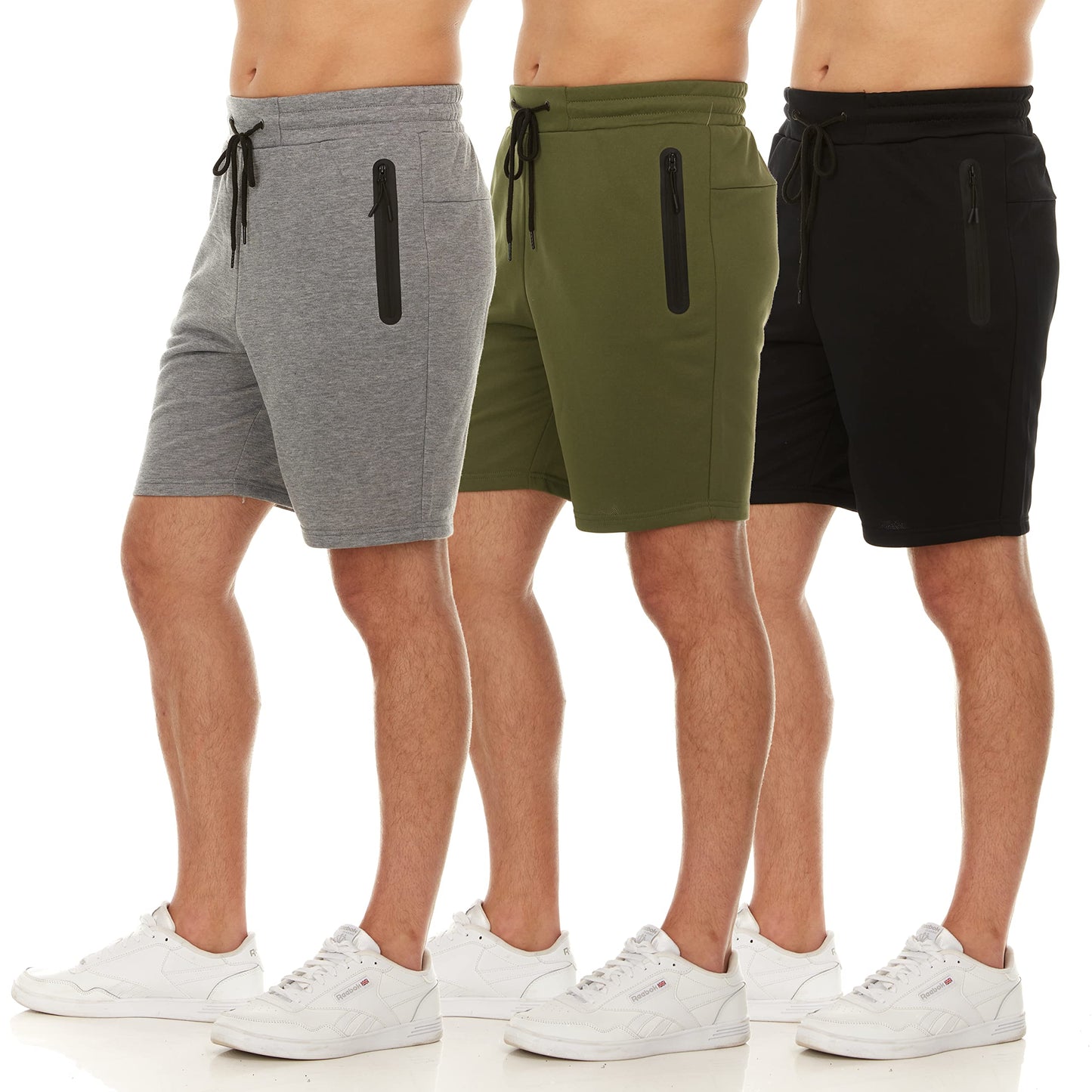 PURE CHAMP Mens Shorts French Terry 3 Pack Gym Shorts for Men Athletic Workout Training Shorts with Zipper Pocket and Drawstring Size XS-3XL (Group E, Large)