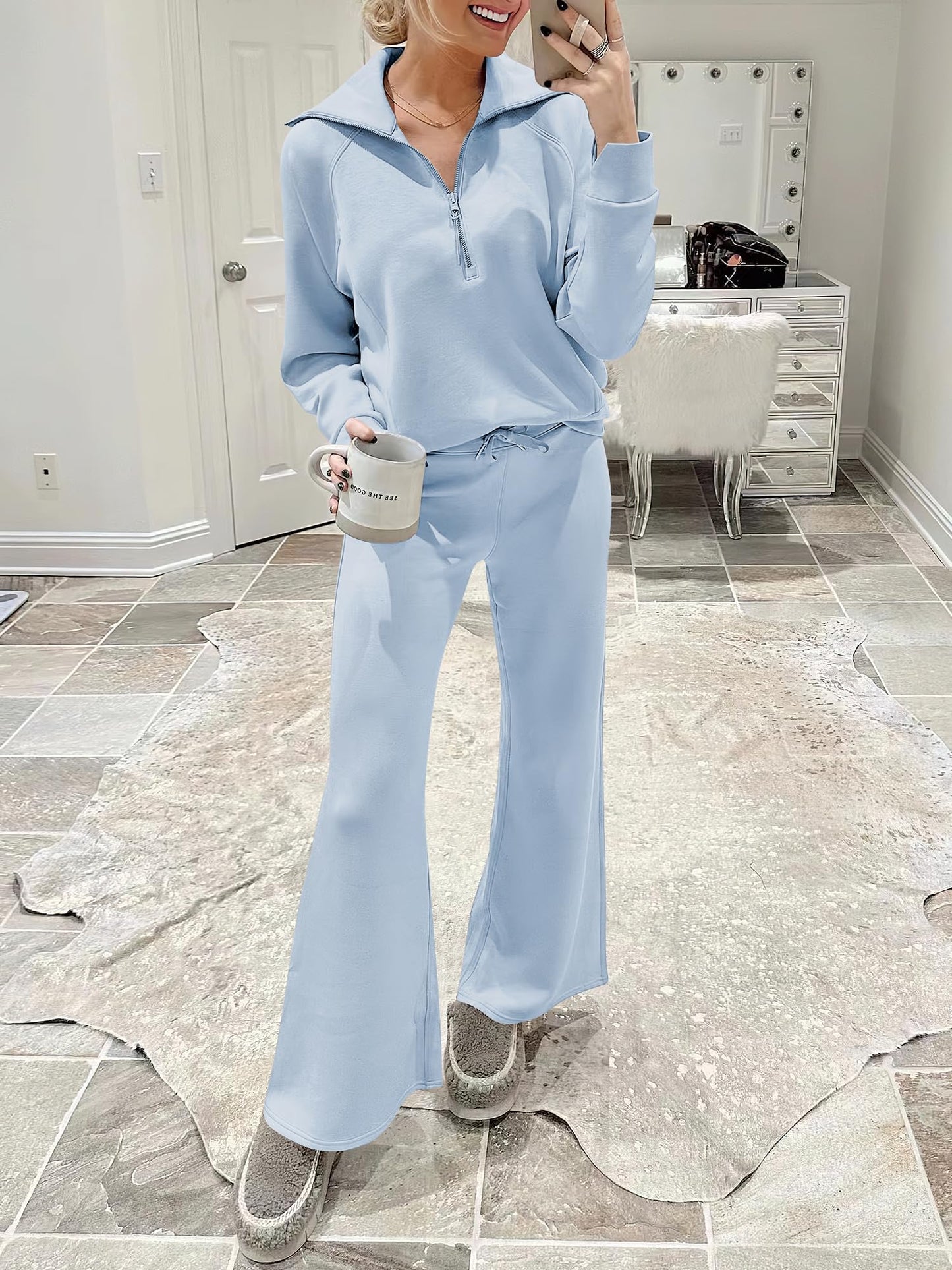 ANRABESS Women 2 Piece Outfits Sweatsuit Oversized Sweatshirt Sweatpants Tracksuit Sweat Lounge Matching Set 2024 Fall Trendy Sky Blue X-Large