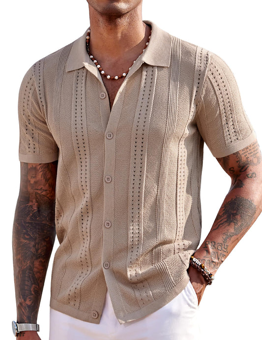 COOFANDY Men's Knit Shirts Short Sleeve Button Down Polo Shirt Fashion Casual Summer Beach Shirts, Khaki, Large