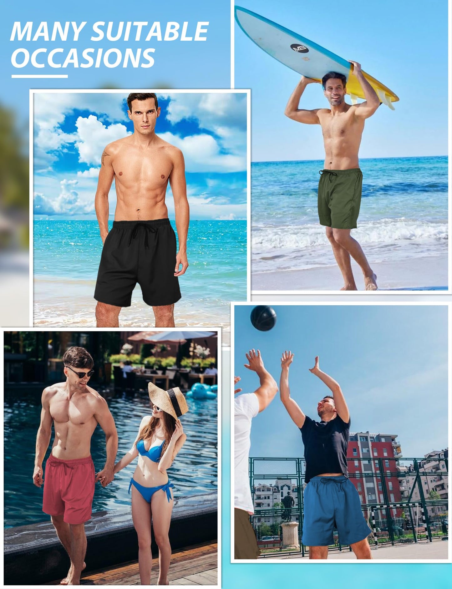 Mens Swim Trunks with Compression Liner 7 Inch Inseam Quick Dry Swim Shorts Mens Bathing Suit Board Shorts with Pockets 2 in 1 Beach Swimming Shorts Dissolvable Swimsuit Swimwear Big and Tall Blue L