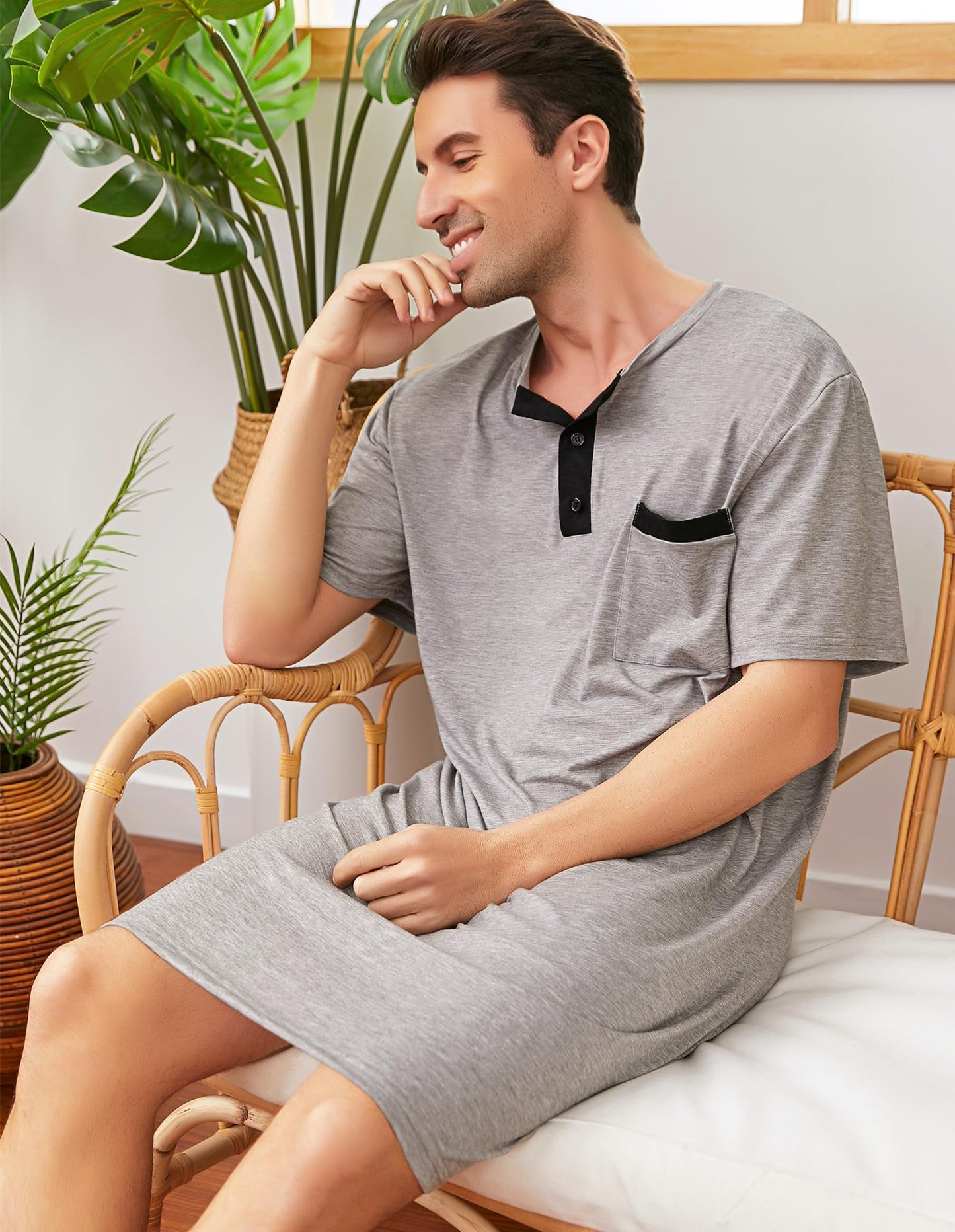 Men's Cotton Pyjama Tops Soft Sleepwear Breathable Nightgown Knee Length Night Shirts Loose Nightwear Lounge Wear,Short Sleeve/Short Sleeve-3-Grey/L