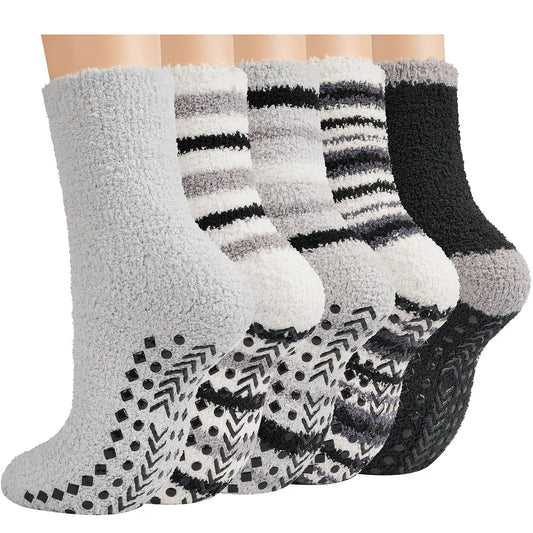 Toes Home Fuzzy Socks Men with Grips, Winter Fluffy Slipper Socks Hospital Cozy Warm Non-slip Thick 5 Pairs