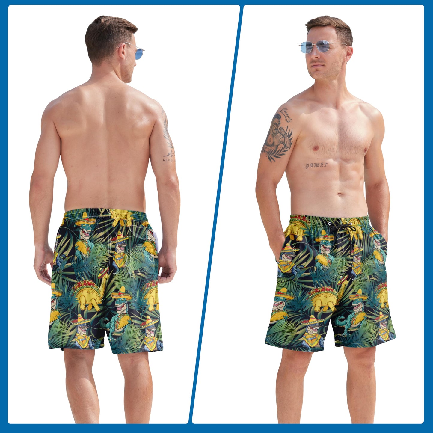 Mens Swim Trunks for Men, Tropical Leaf Dinosaurs Mens Board Shorts Swimwear Bathing Suit with Mesh Lining, Funny Hawaii Quick Dry Beach Shorts for Men Swimming Trunks, 3X-Large