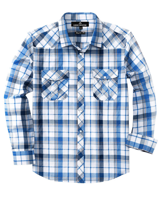 Men's Plaid Pearl Snap Button Shirts Casual Long Sleeve Checked Shirt Western Cowboy Shirts with Two Pockets for Work Blue White