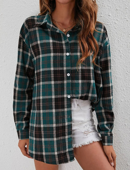 Bozanly Flannel Buffalo Plaid Shirts for Women Oversized Button Down Shacket Blouse Tops(0001-Green-M)