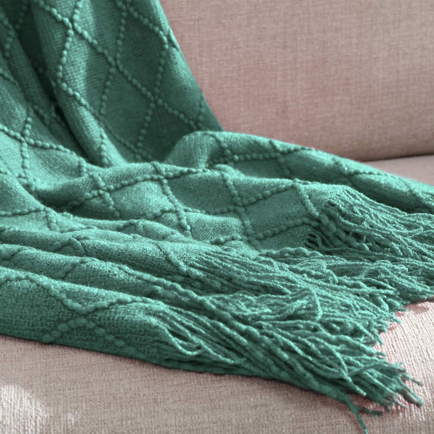 Walensee Throw Blanket for Couch, 50 x 60 Dark Cyan, Acrylic Knit Woven Summer Blanket, Lightweight Decorative Soft Nap Throw with Tassel for Chair Bed Sofa Travel Picnic, Suitable for All Seasons