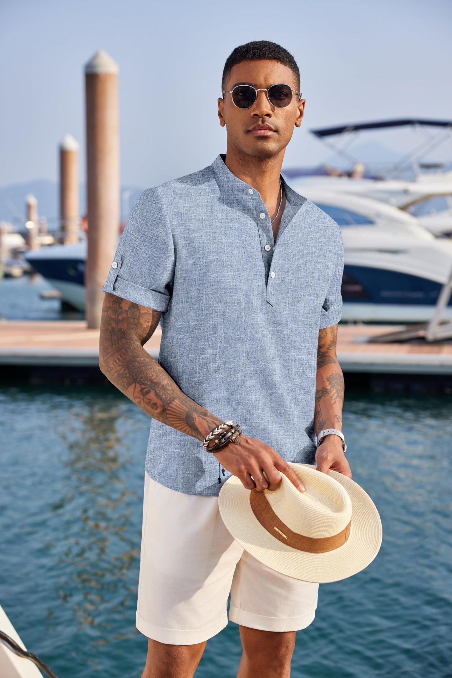 COOFANDY Men's Linen Henley Shirts Summer Beach Short Sleeve Loose Fit T Shirt Button Up Lightweight Casual Tee