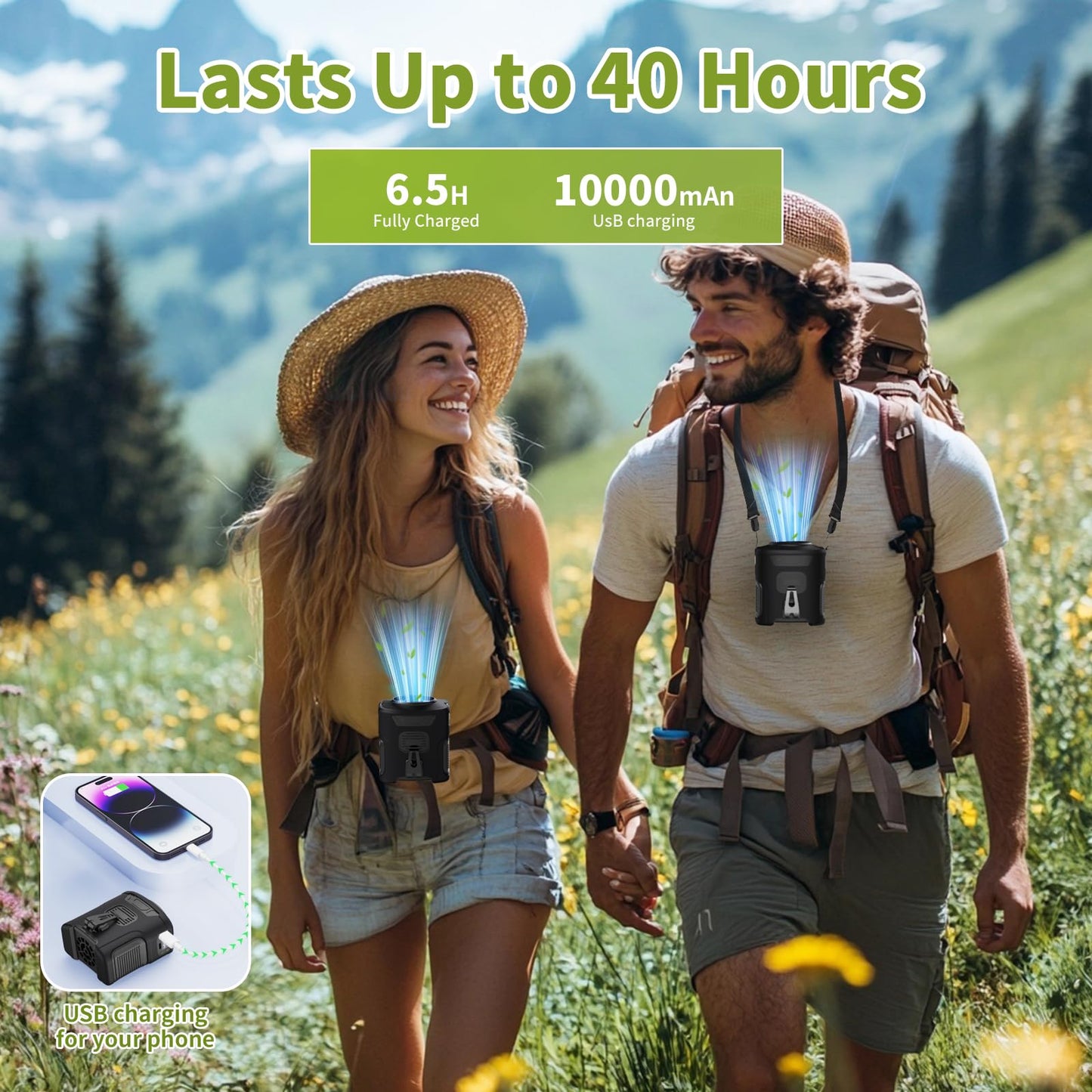Rechargeable Portable Waist Fan ，5 Speeds Faster Cooling with 10000mAh Power Bank （8/40h Working ） Hands-Free Hanging Neck Fan, Quiet, clip on Fan for Camping, Outdoor, Jobsite ，Gifts for Women men