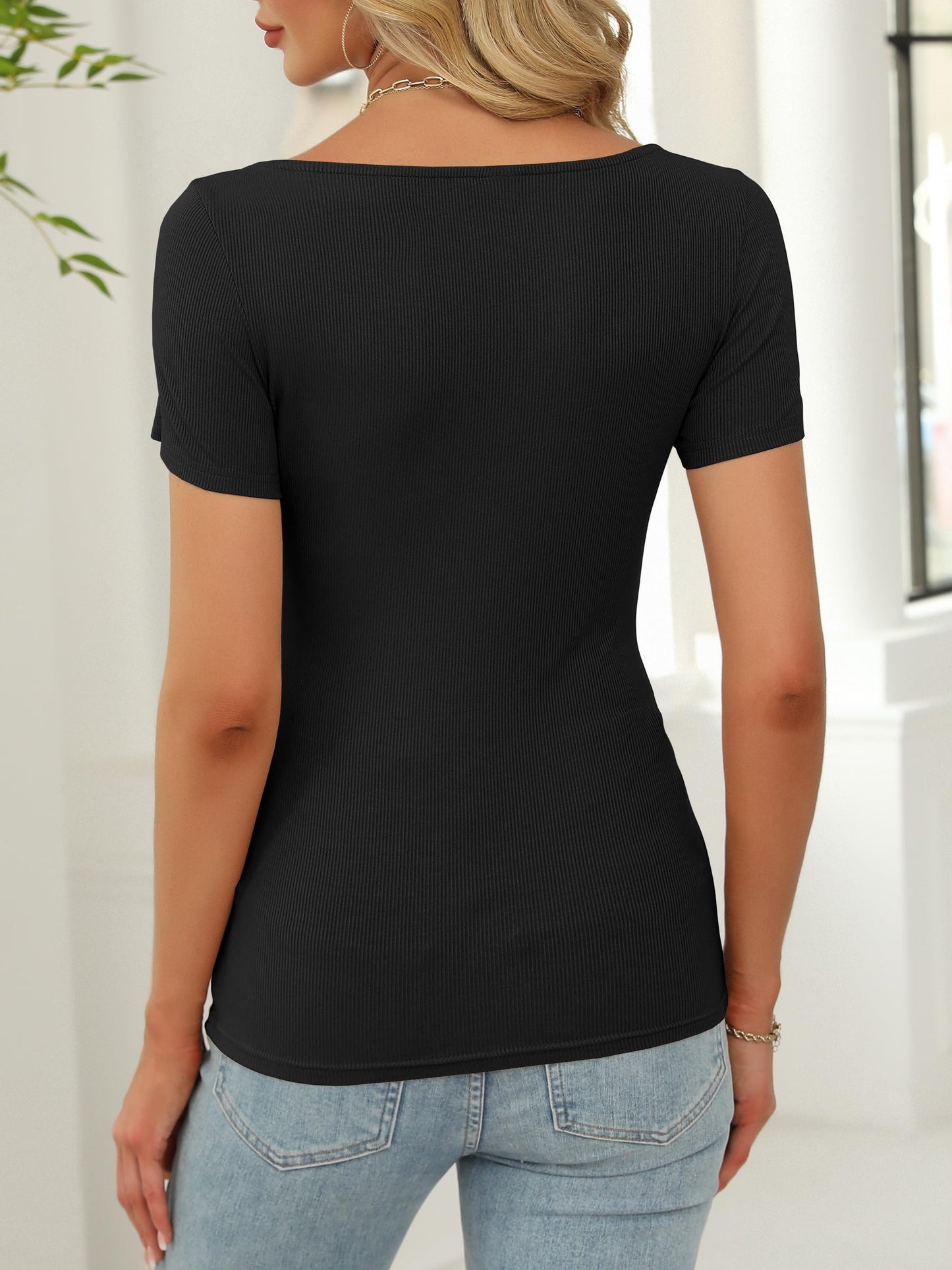 ANRABESS Women Boat Neck Tops Short Sleeve T-Shirts Ribbed Knit Tight Fitted Basic Tees Shirts 2025 Summer Clothes Black X-Large