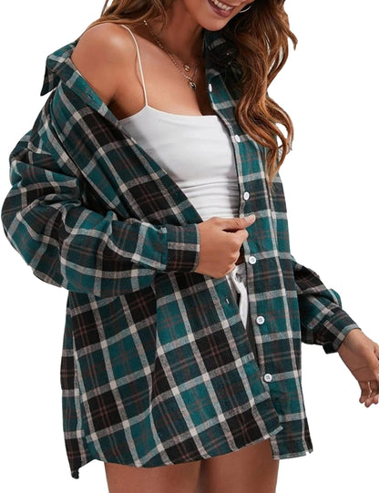 Bozanly Flannel Buffalo Plaid Shirts for Women Oversized Button Down Shacket Blouse Tops(0001-Green-M)