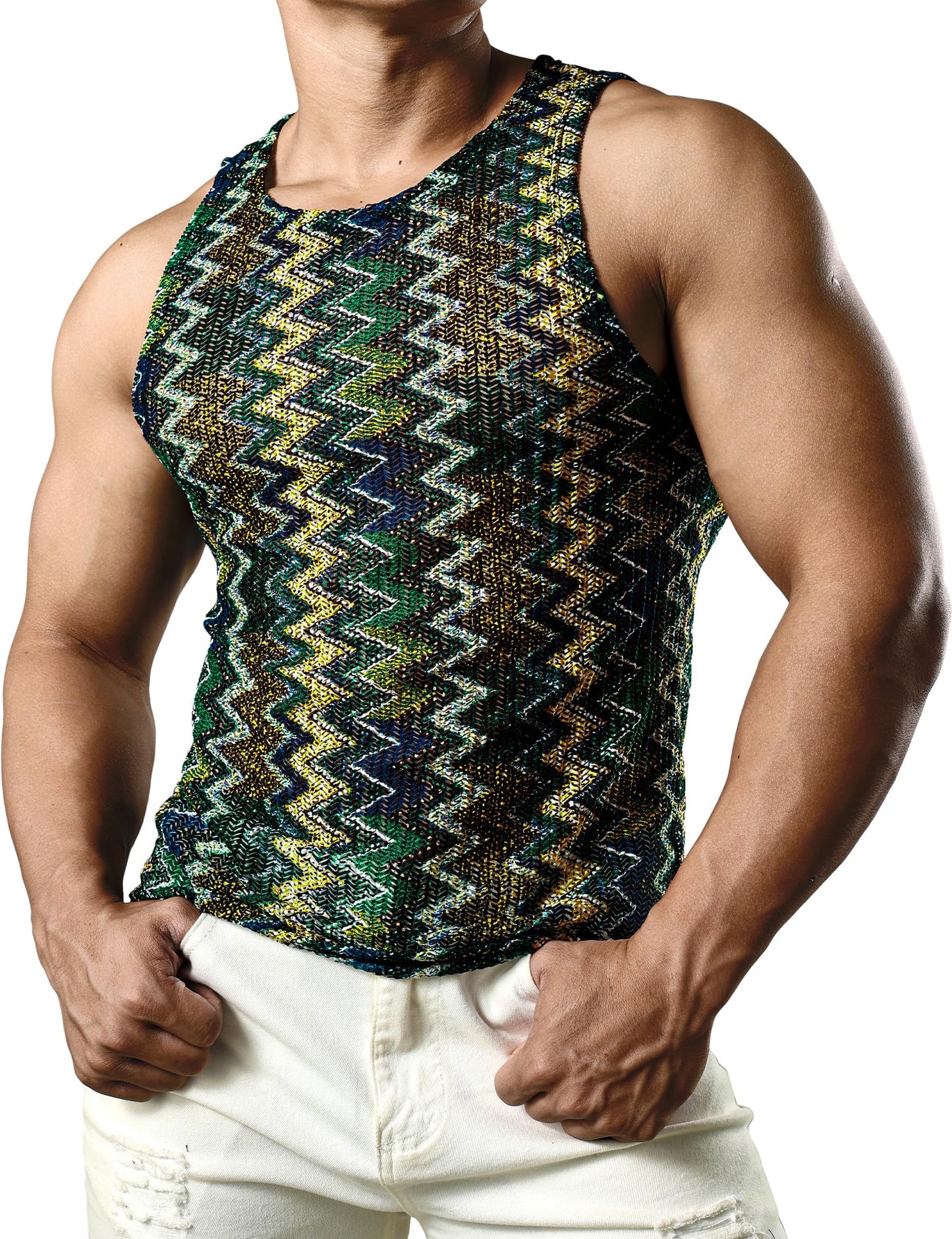 JOGAL Mens Boho Summer Tank Top Sleeveless Muscle Mesh Shirt Green Large