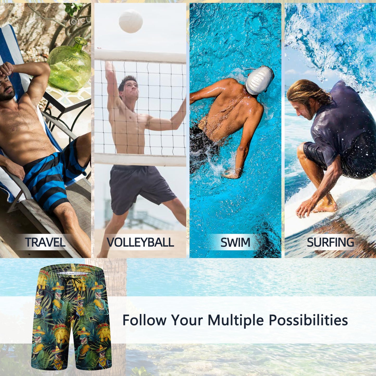Mens Swim Trunks for Men, Tropical Leaf Dinosaurs Mens Board Shorts Swimwear Bathing Suit with Mesh Lining, Funny Hawaii Quick Dry Beach Shorts for Men Swimming Trunks, 3X-Large