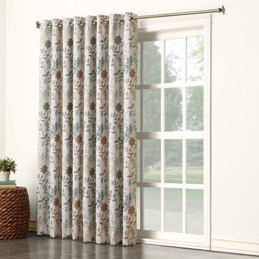 Sun Zero Kara Floral Print Energy Efficient Grommet Sliding Patio Door Curtain Panel, 100" x 84", Stone