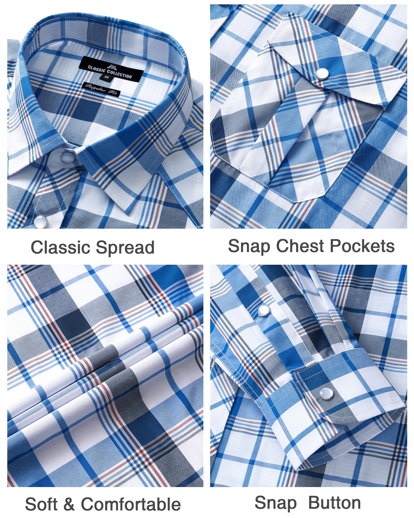 Men's Plaid Pearl Snap Button Shirts Casual Long Sleeve Checked Shirt Western Cowboy Shirts with Two Pockets for Work Blue White