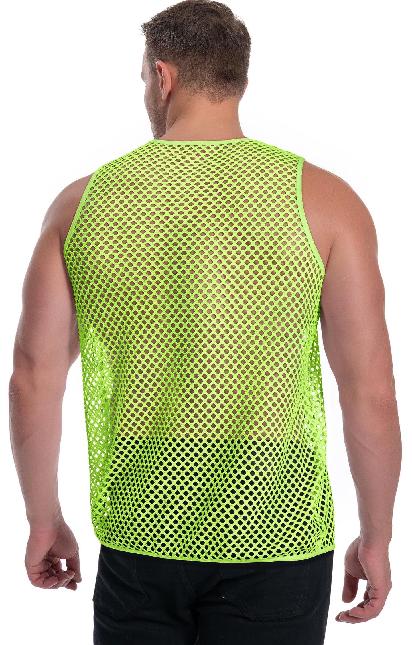 Mesh Fishnet Tank Tops See Through Sleeveless Muscle Rave Shirts for Men(Fluorescent Green,L)
