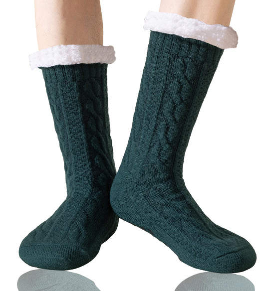 PEBLFA Mens Slipper Socks Winter Warm Fluffy Thick Heavy Thermal Fleece Lined Non Slip Home Socks (Green)