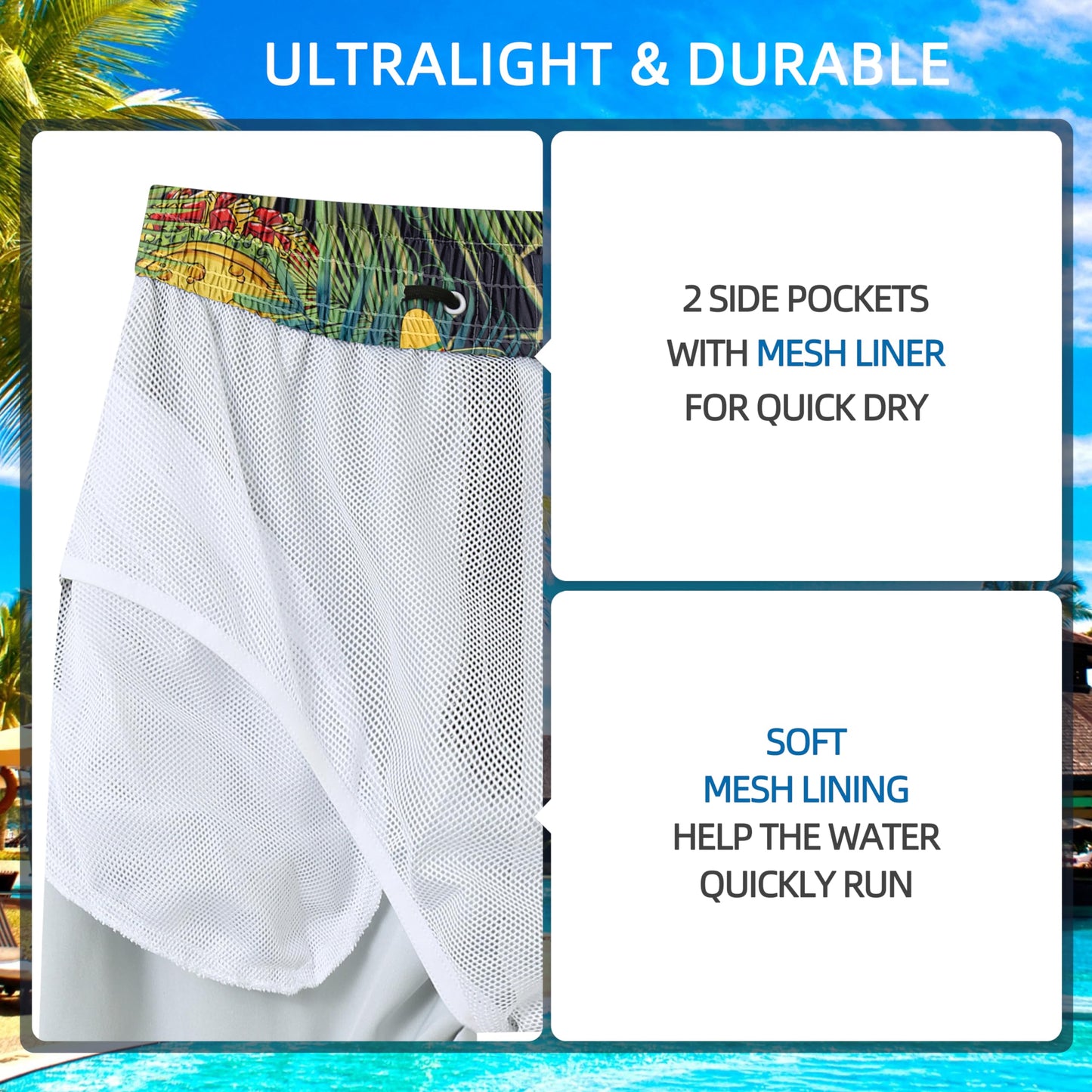 Mens Swim Trunks for Men, Tropical Leaf Dinosaurs Mens Board Shorts Swimwear Bathing Suit with Mesh Lining, Funny Hawaii Quick Dry Beach Shorts for Men Swimming Trunks, 3X-Large