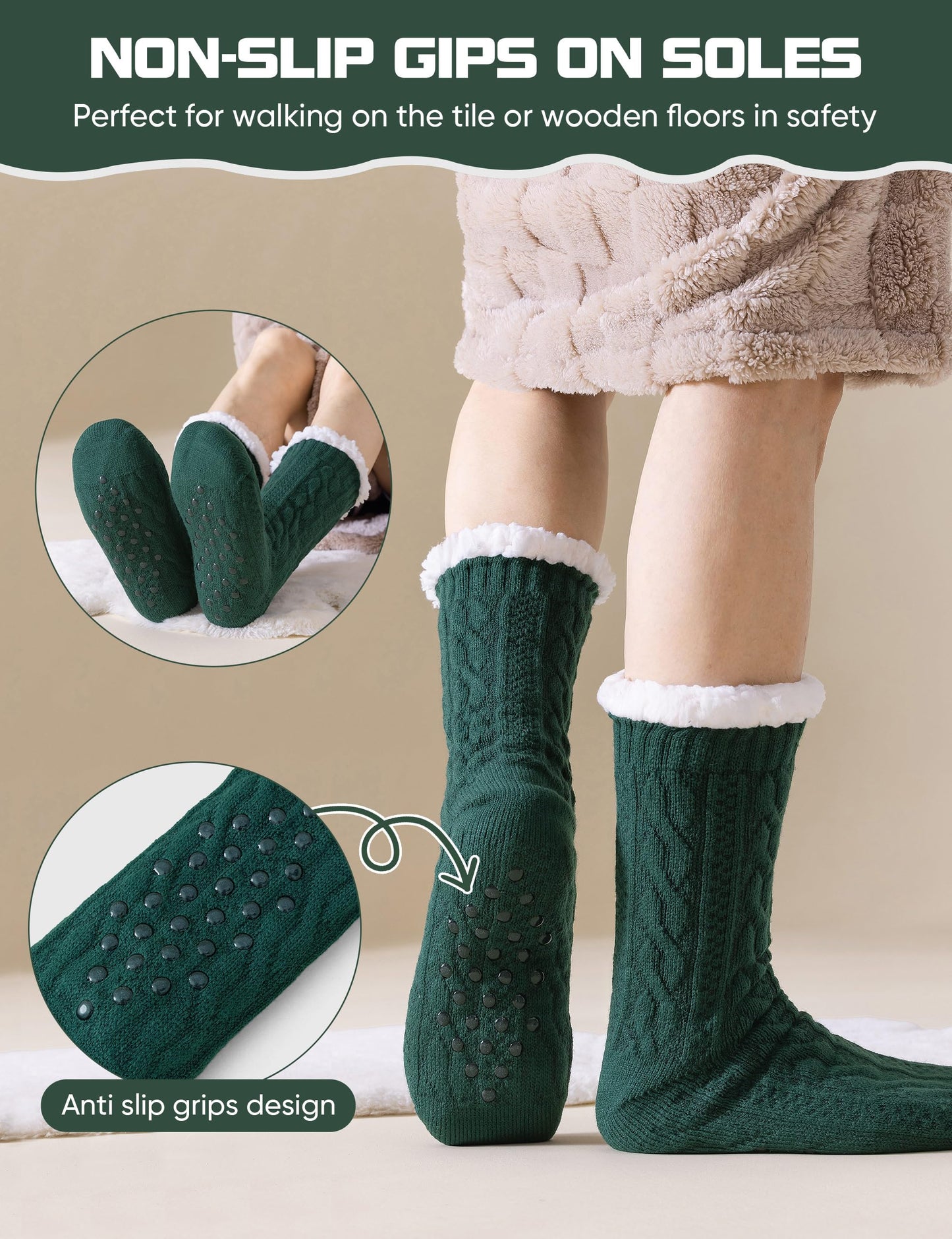 PEBLFA Mens Slipper Socks Winter Warm Fluffy Thick Heavy Thermal Fleece Lined Non Slip Home Socks (Green)