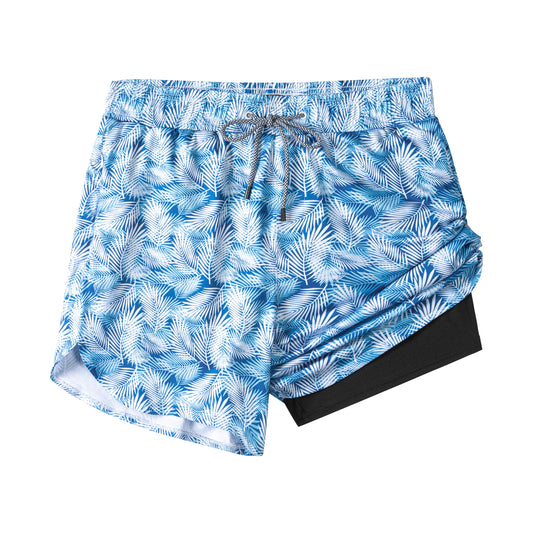 FT FENTENG Mens Swim Trunks with Compression Liner, Men Bathing Suit Men's Swimming Trunks 5.5 inch Inseam Blue Leaves Board Shorts Swimwear, 4 Way Stretch Beach Shorts Quick Dry with Zipper Pockets