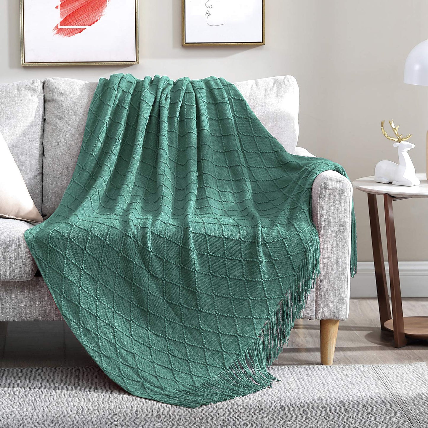 Walensee Throw Blanket for Couch, 50 x 60 Dark Cyan, Acrylic Knit Woven Summer Blanket, Lightweight Decorative Soft Nap Throw with Tassel for Chair Bed Sofa Travel Picnic, Suitable for All Seasons