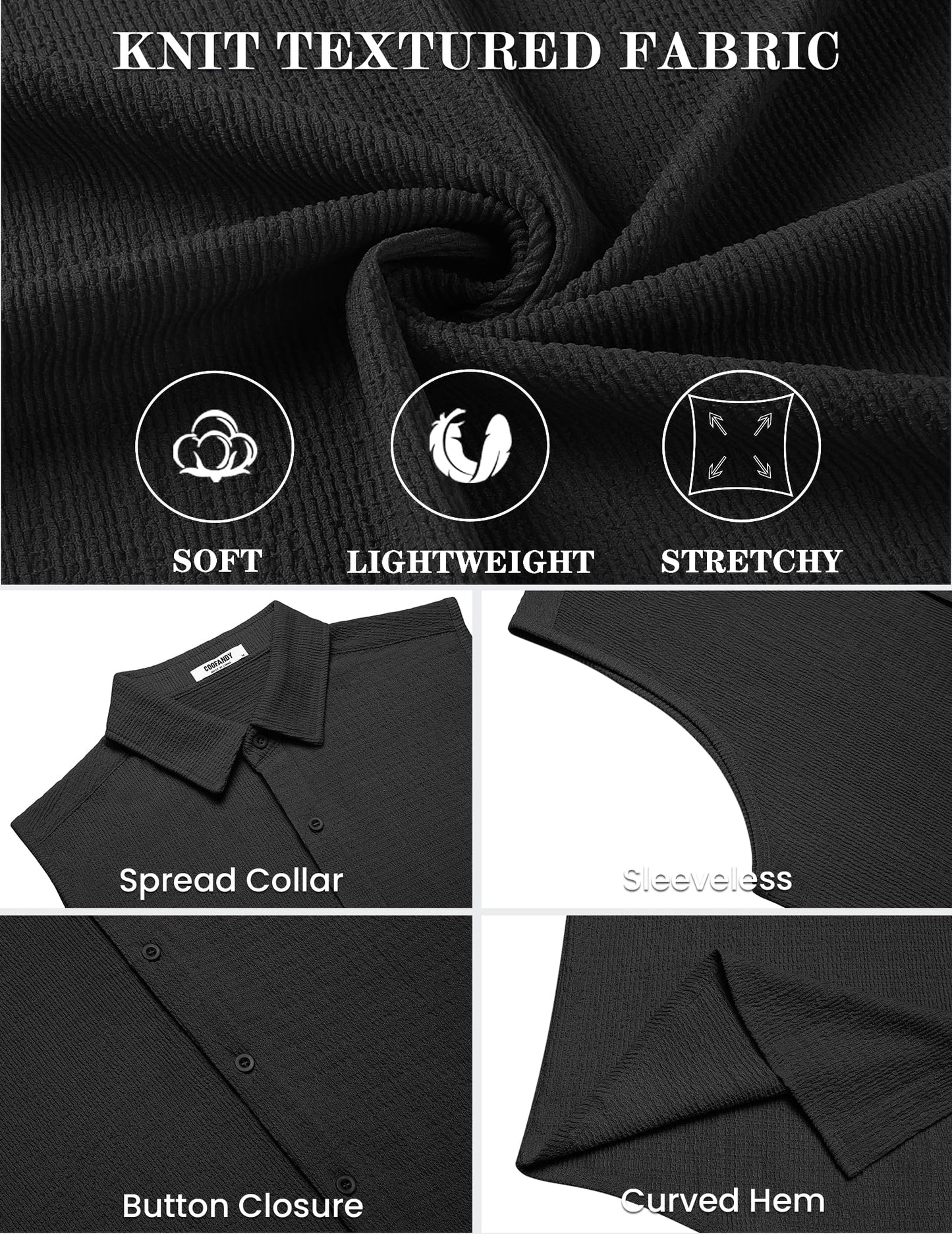 COOFANDY Mens Beach Tank Top Black Knit Sleeveless Top Summer Button Up Shirts Soft Textured Tops Loose Fit Large
