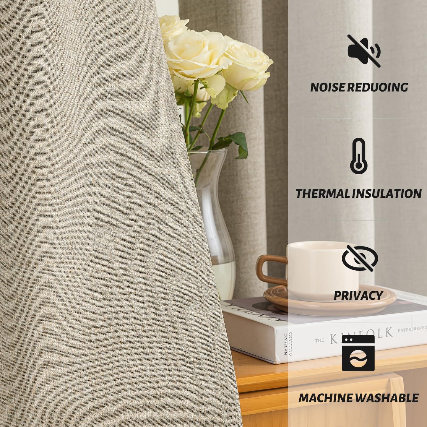 Yakamok Natural Linen Curtains 100% Blackout 90 Inches Long,Room Darkening Textured Curtains for Living Room Thermal Grommet Bedroom Curtains 2 Panels with Greyish White Liner