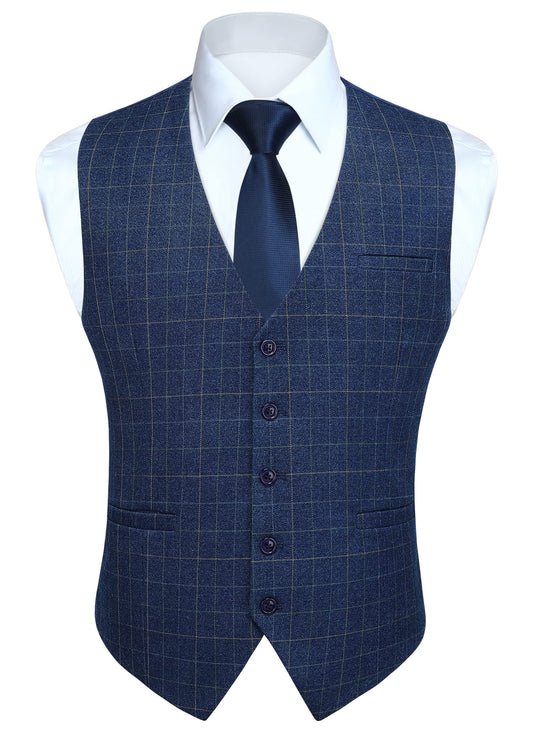 HISDERN Men's Suit Vest Blue Plaid Dress Vest for Men Slim Fit Formal Waistcoat Vest for Tuxedo or Suit Classic V-Ncek Solid Color Wedding Business Navy Vest
