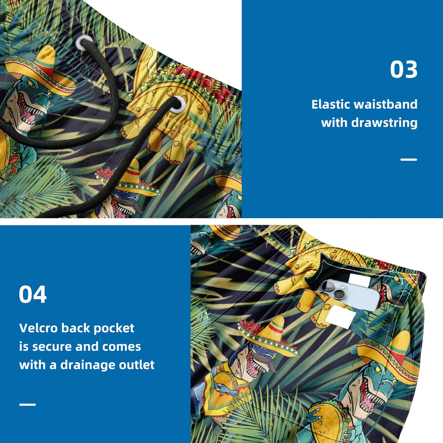 Mens Swim Trunks for Men, Tropical Leaf Dinosaurs Mens Board Shorts Swimwear Bathing Suit with Mesh Lining, Funny Hawaii Quick Dry Beach Shorts for Men Swimming Trunks, 3X-Large