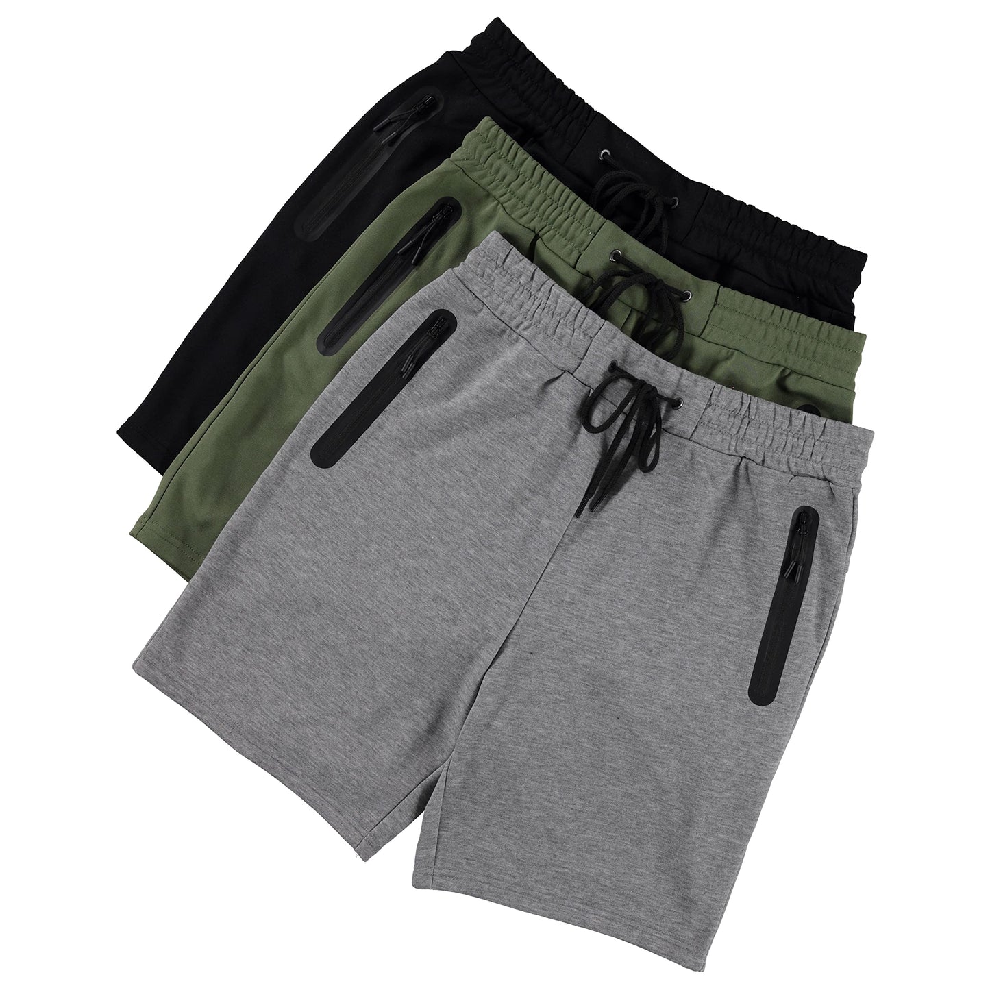 PURE CHAMP Mens Shorts French Terry 3 Pack Gym Shorts for Men Athletic Workout Training Shorts with Zipper Pocket and Drawstring Size XS-3XL (Group E, Large)