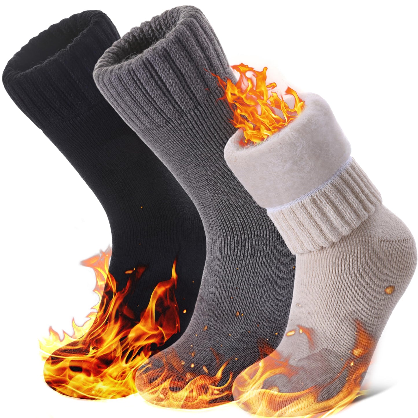 NOCIN COLOR 3 Pairs Thermal Boot Socks for Women Men Ski Thick Winter Warm Insulated Heated Socks for Extreme Cold Weather (Black/Dark Grey/khaki,Large)