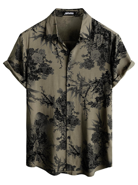JOTOOK Mens Hawaiian Shirt Short Sleeve Button Down Tropical Shirts Casual Floral Summer Beach Shirt Vacation Shirt Large Khaki Flower